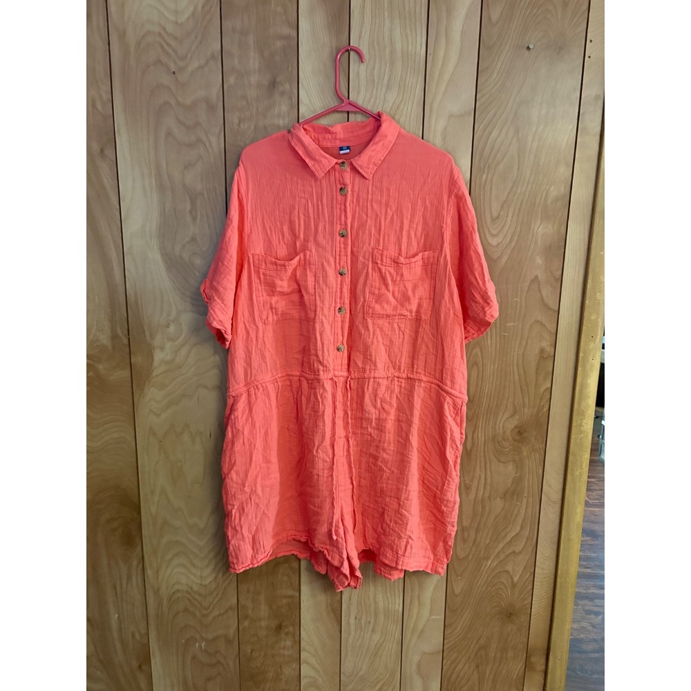 Old Navy Women XXL Tall Coral Orange Gauze Button Down Short Sleeve Romper